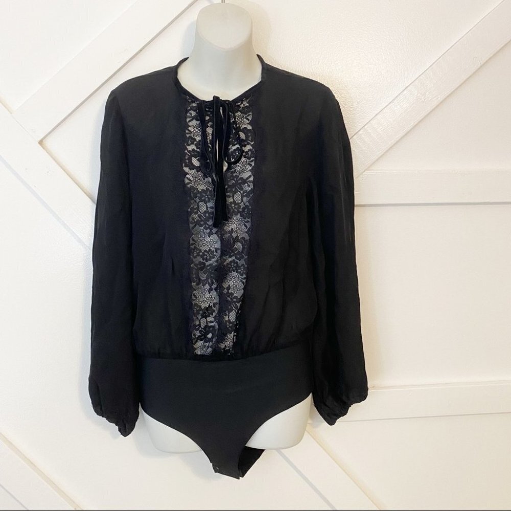Cami NYC The Dakota Silk Lace Panel Tie Neck Long Puff Sleeve Bodysuit Black S